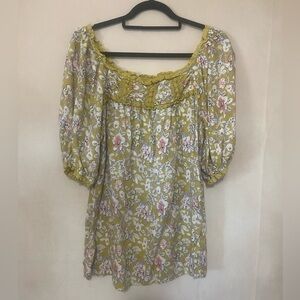 Solitaire women's L balloon sleeve boho floral print crochet trim blouse EUC